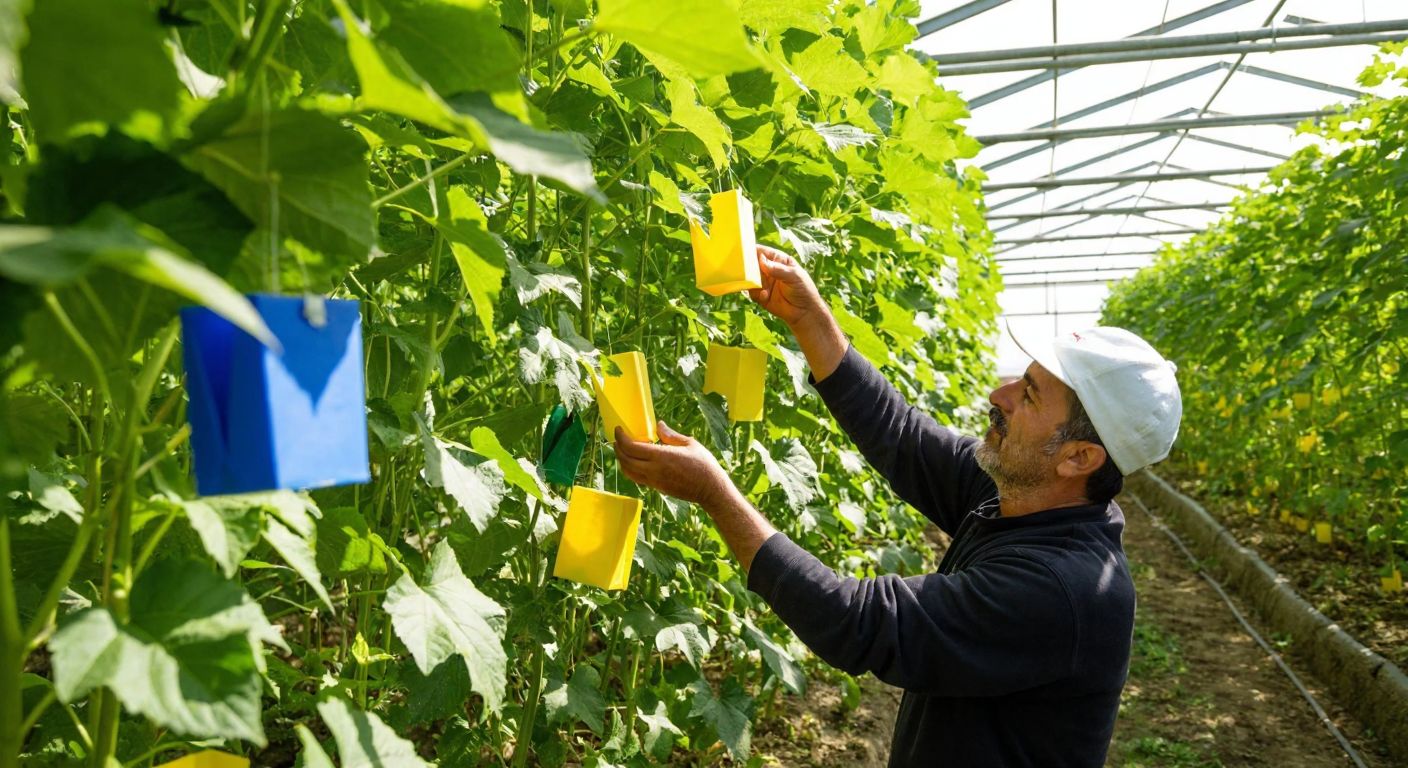 A Turkish farmer in a sunlit greenhouse carefully hangs bright yellow and blue sticky traps among lush green plants to catch whiteflies.
