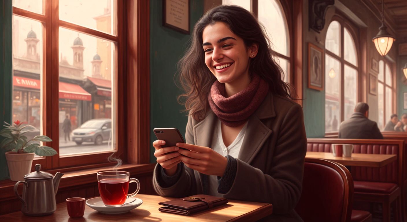 A cheerful Turkish woman in a cozy café smiles while holding a smartphone, with a small price tag floating near a steaming cup of çay and a wallet on the table.