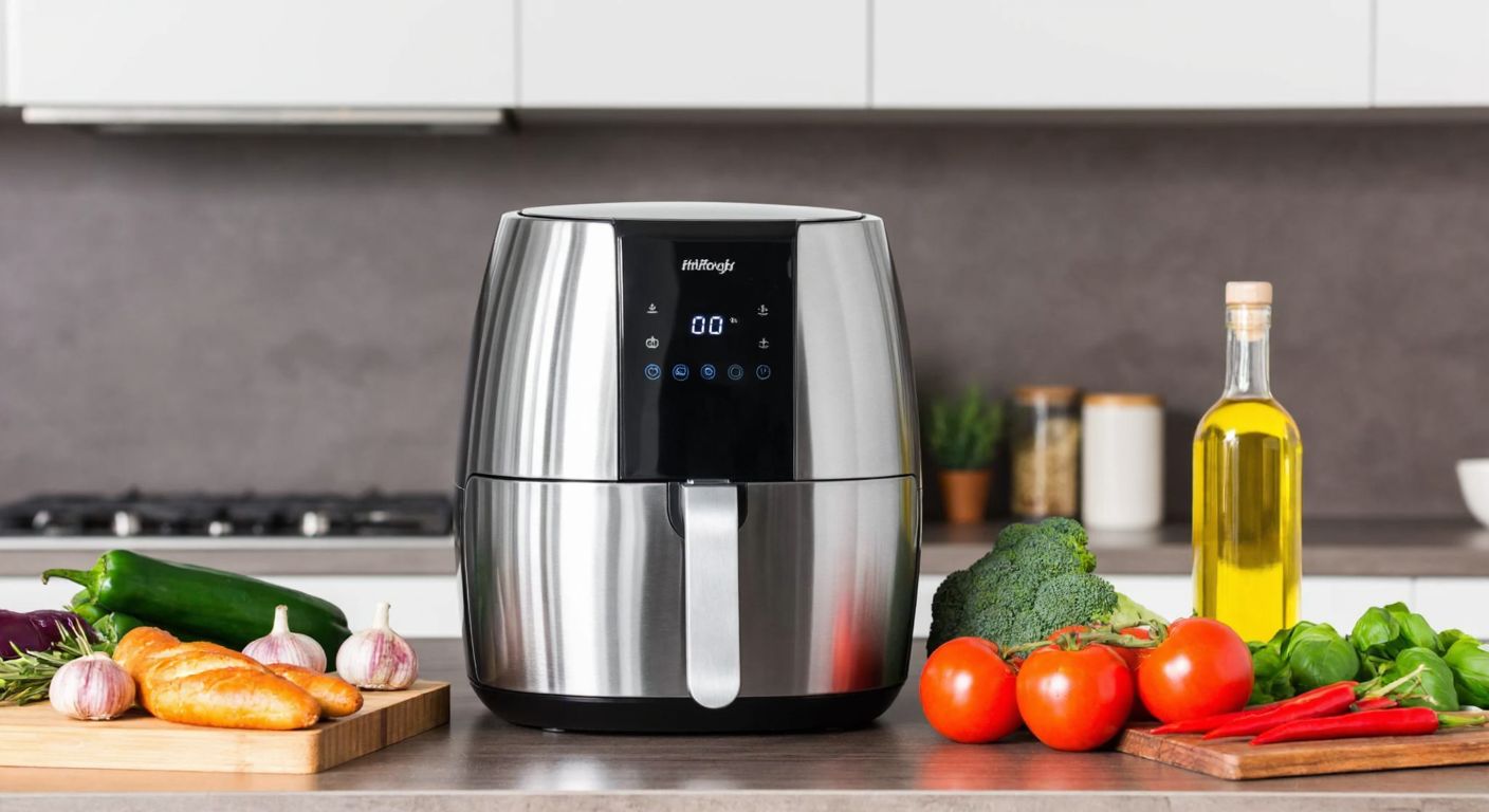 A sleek silver air fryer sits on a kitchen counter in a modern Turkish home, surrounded by fresh vegetables and a bottle of golden olive oil.