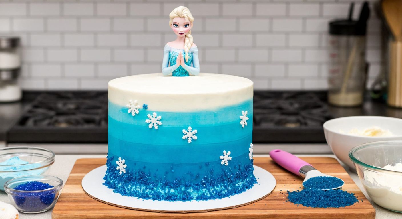 A vibrant blue-and-white Elsa-themed cake decorated with edible glitter and a small Elsa figurine, placed on a kitchen counter surrounded by baking ingredients like cream cheese, butter, and food coloring.