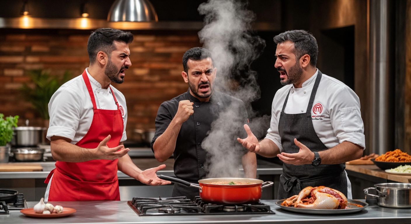 A heated argument in a MasterChef kitchen between a frustrated contestant in an apron and a stern judge in a chef's coat, with a steaming pot of *şırdan* (tripe dish) on the counter between them.