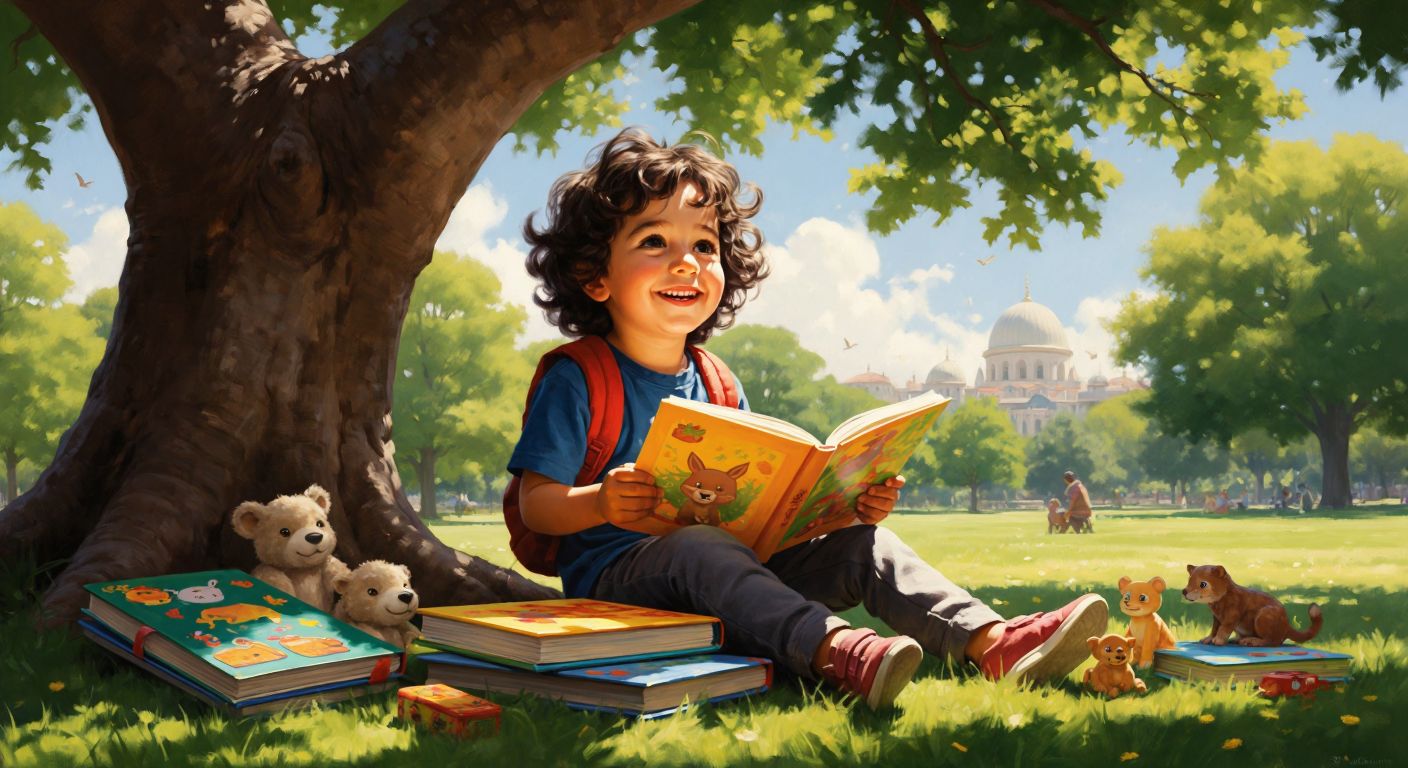 A cheerful Turkish child sitting under a shady tree in a sunny park, happily flipping through a colorful stack of educational workbooks with illustrations of animals and numbers.