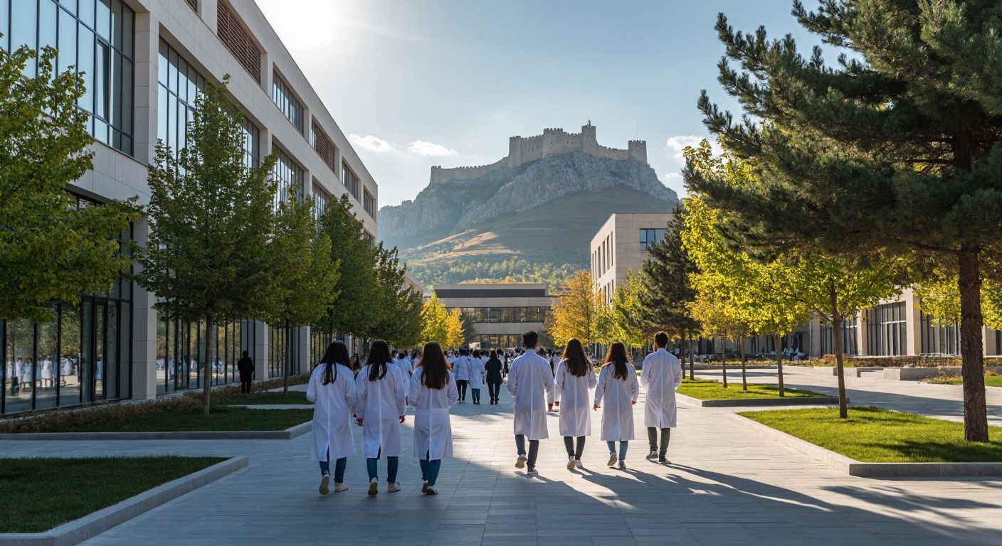 A modern university building in Afyonkarahisar with students in white lab coats walking through a sunlit courtyard, surrounded by green trees and the silhouette of Afyon Castle in the background.