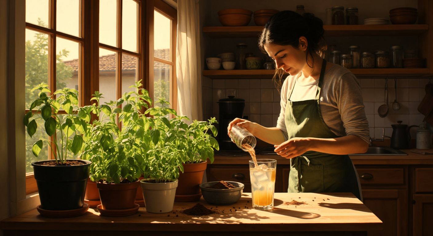 A Turkish woman in a sunlit kitchen sprinkles stale coffee grounds onto potted basil plants, while a glass of iced coffee lemonade sits on the wooden counter beside a small compost bin.