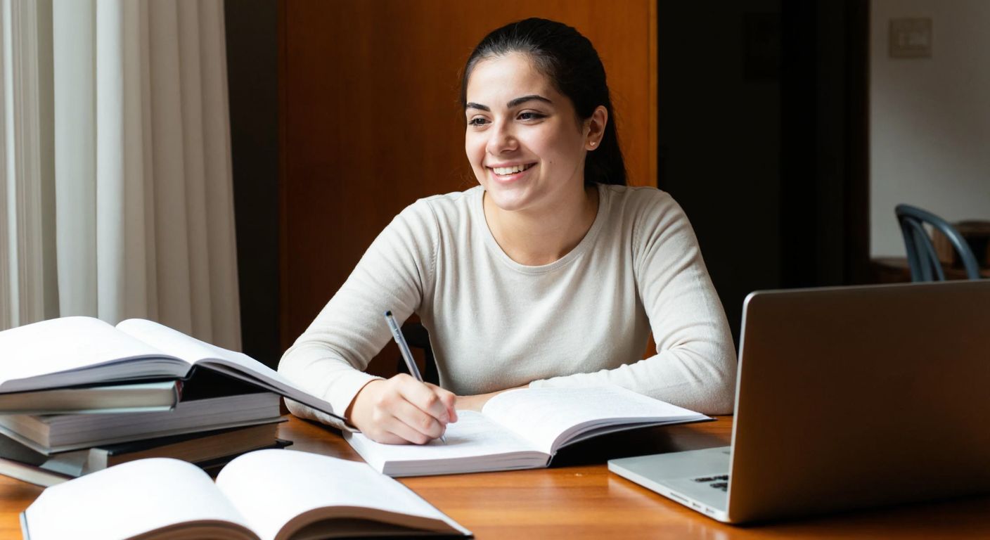 A young Turkish student in a cozy home study, surrounded by open books and a laptop, smiling while taking notes with a cup of çay (tea) nearby, embodying focused learning in a warm, academic setting.
