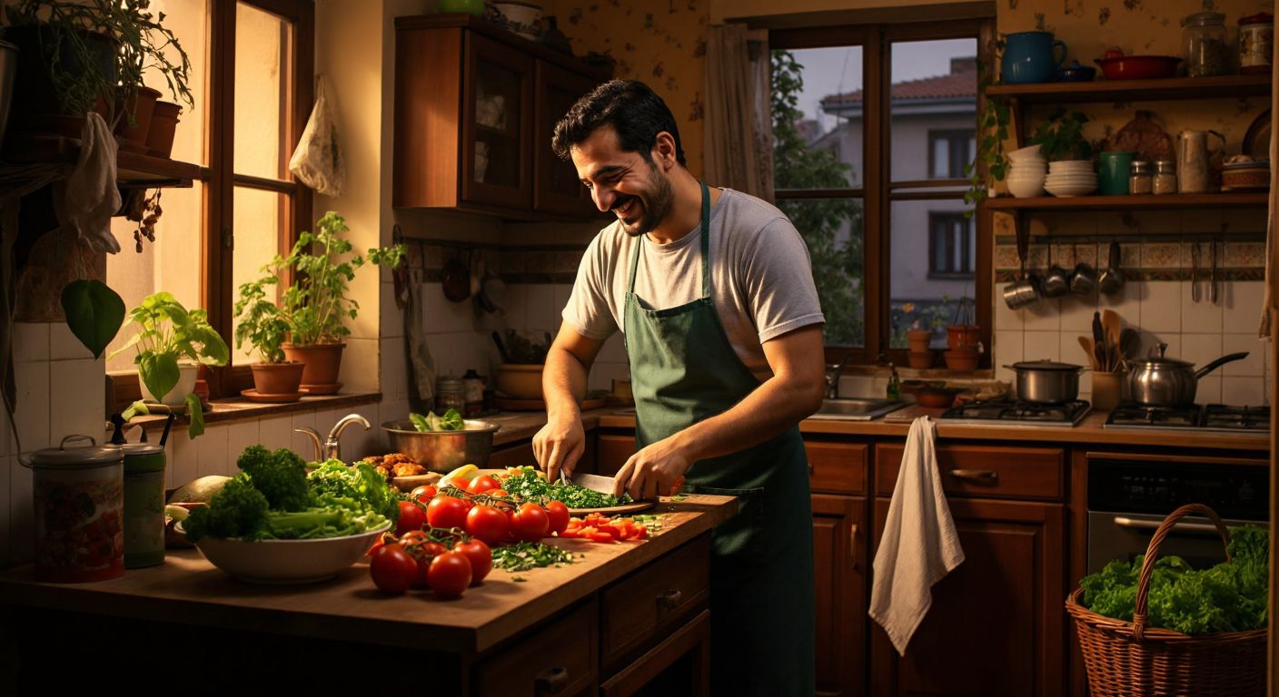 A Turkish man in a cozy home kitchen, smiling as he chops vegetables for a meal while a laundry basket and ironing board sit nearby.
