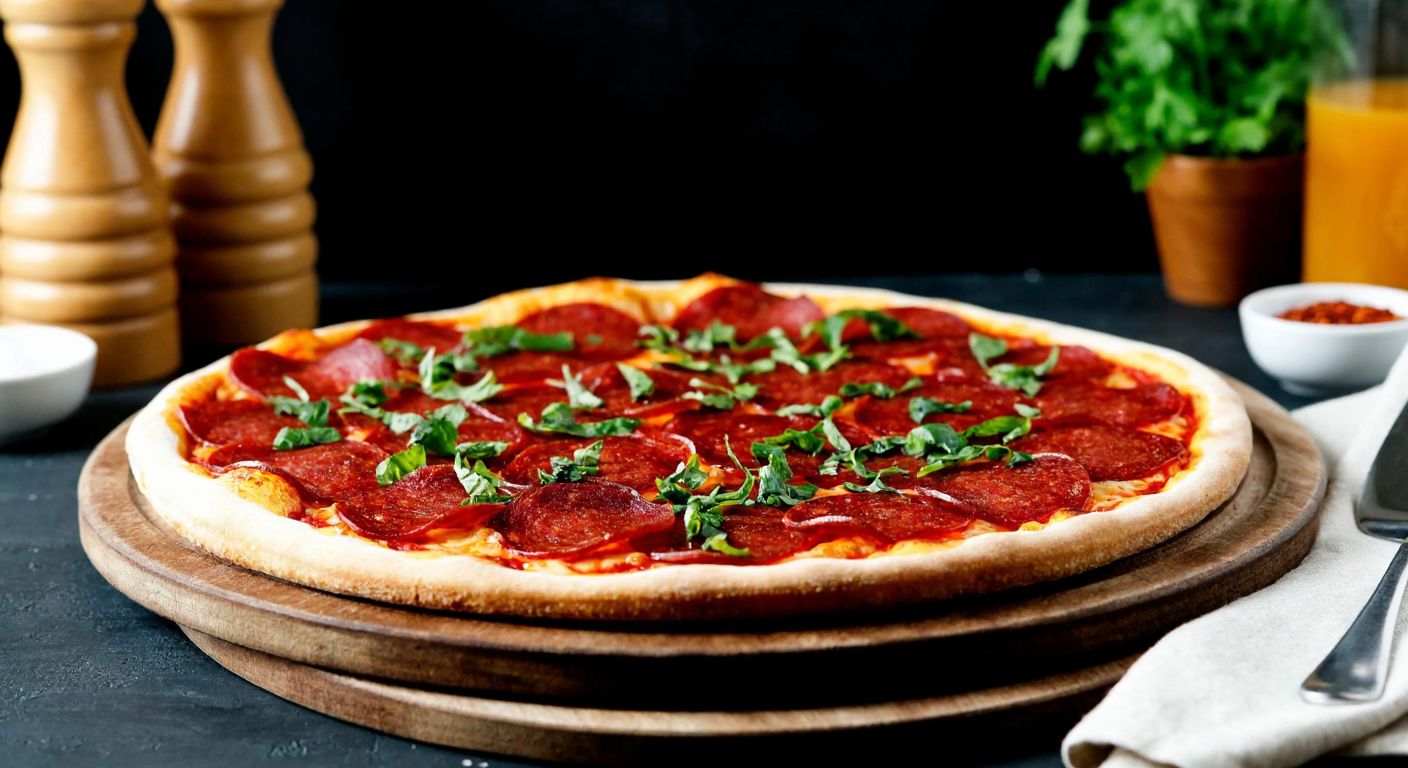 A freshly baked pizza topped with thinly sliced, glistening Turkish sucuk, garnished with fresh herbs, resting on a rustic wooden table in a cozy kitchen.