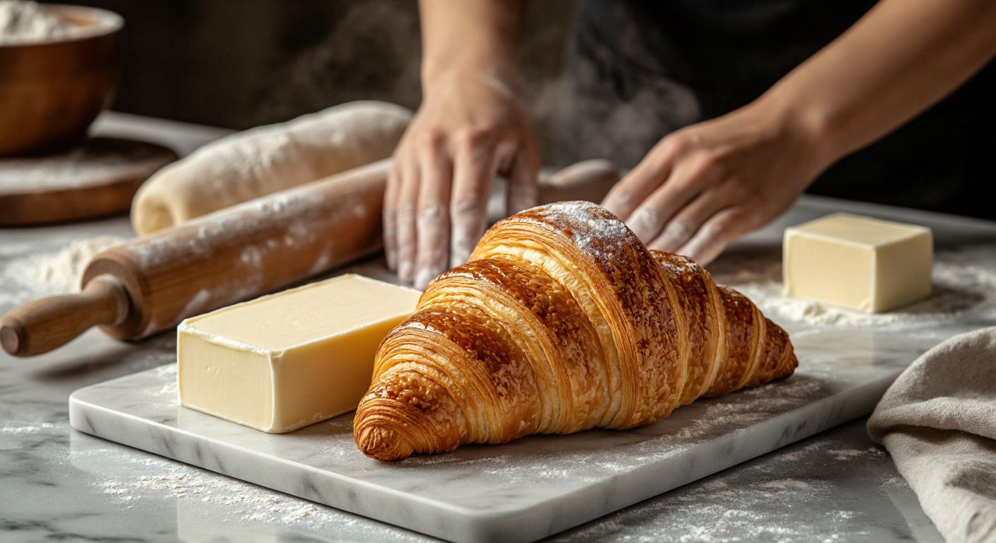 A golden, flaky croissant rests on a marble countertop beside a wrapped block of margarine, with a rolling pin and flour-dusted hands in the background, evoking a warm Turkish bakery.