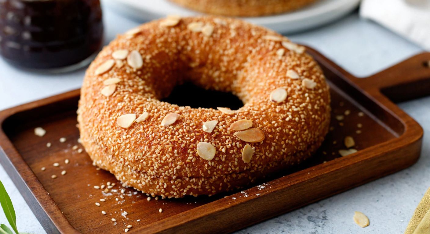 A golden-brown sesame-studded Turkish sweet (küncülü kahke) sits on a rustic wooden tray, oozing sticky pekmez syrup and sprinkled with crushed almonds, evoking warmth and tradition.