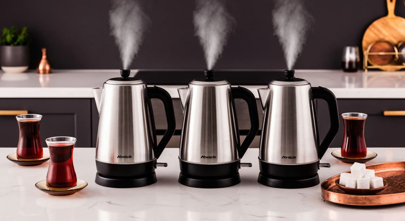 A warm Turkish kitchen with three sleek electric kettles (Arçelik, Karaca, and Tefal) side by side on a marble countertop, steam rising from their spouts, surrounded by traditional tulip-shaped tea glasses and a copper tray with sugar cubes.