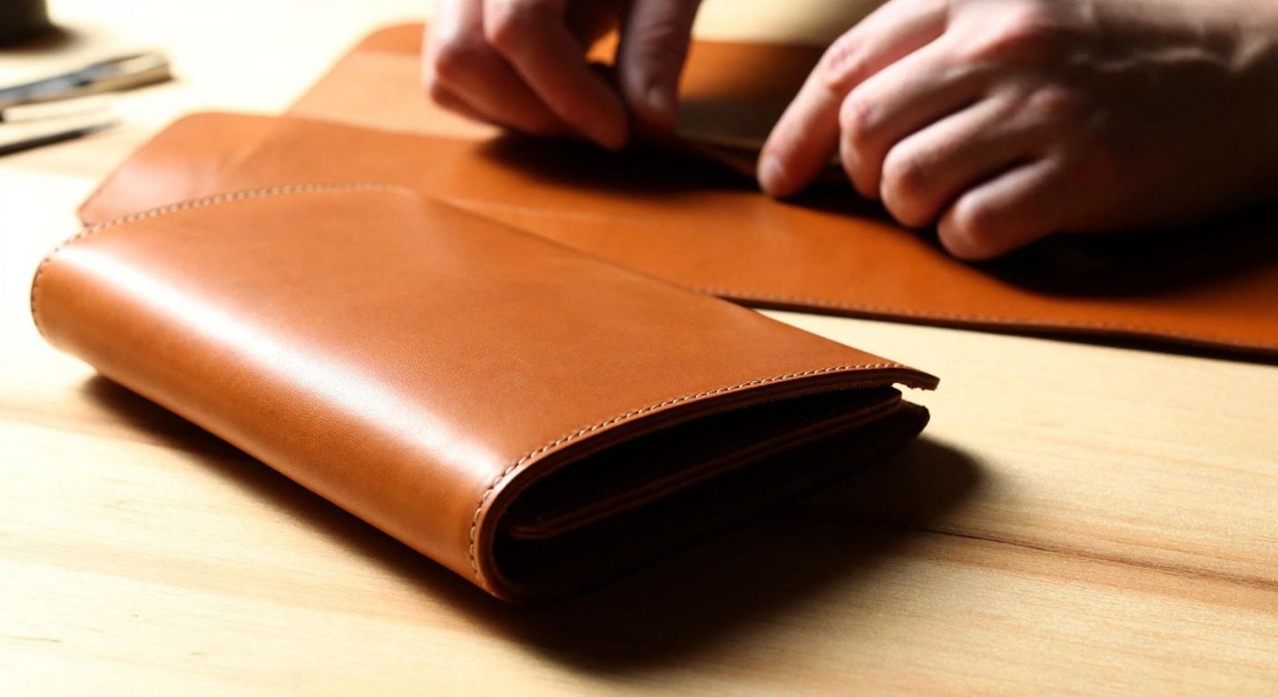 A close-up of a smooth, honey-brown leather wallet resting on a wooden table, its natural grain subtly catching the light, with a craftsman's hands in the background carefully stitching another piece of leather.