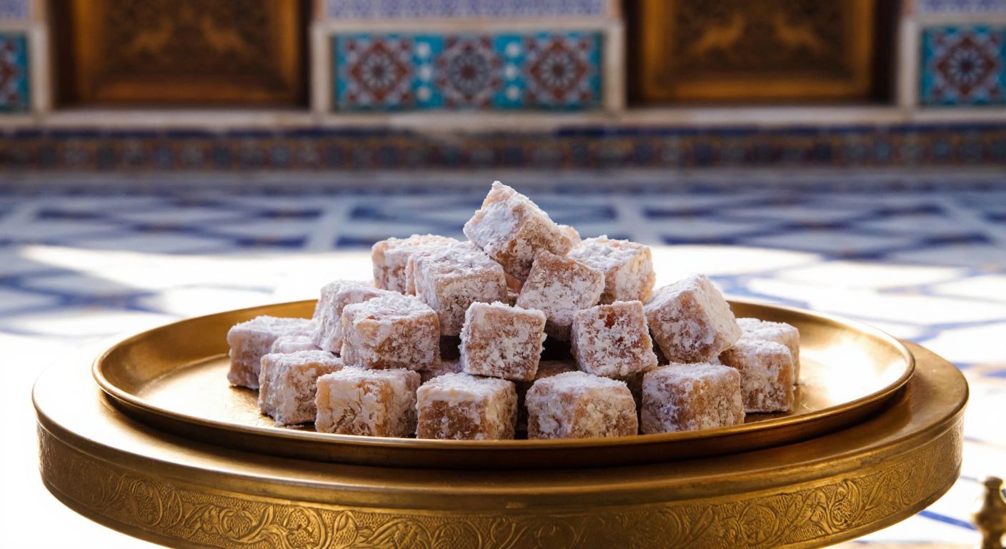 A golden tray filled with soft, powdered sugar-dusted Sultan Lokumu cubes, placed on an ornate Ottoman-style copper table in a sunlit Turkish courtyard with intricate tilework in the background.