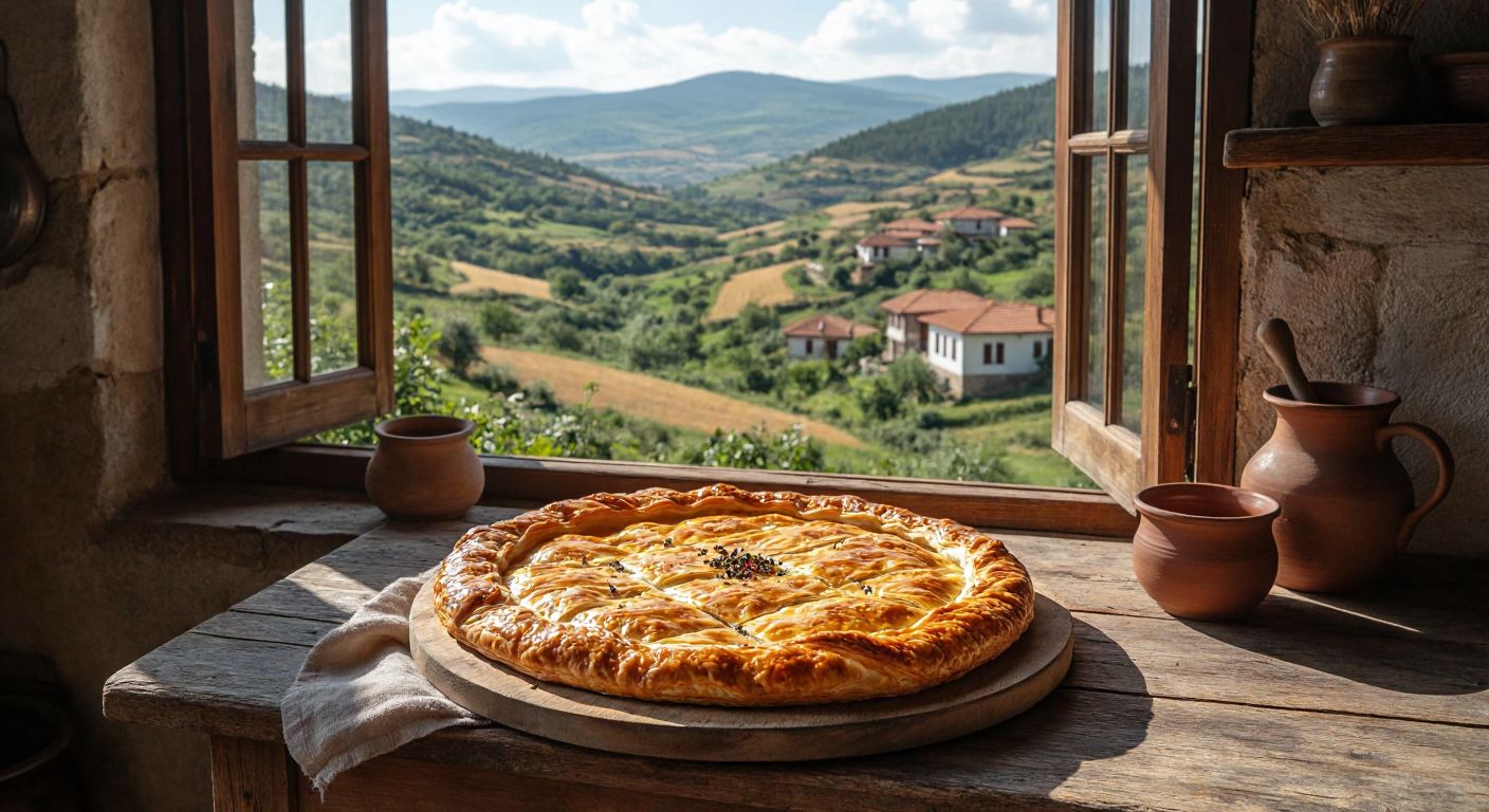A golden-brown, flaky pastry (kınalı börek) sits on a rustic wooden table in a sunlit kitchen, with rolling hills and traditional Turkish houses visible through an open window, evoking the countryside of Kırklareli.