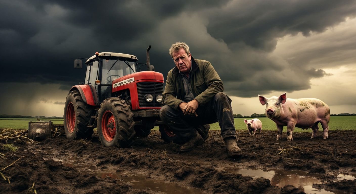 A muddy British farm field with Jeremy Clarkson struggling to fix a broken tractor under stormy skies, while rare pigs wander nearby and Kaleb smirks from a distance.