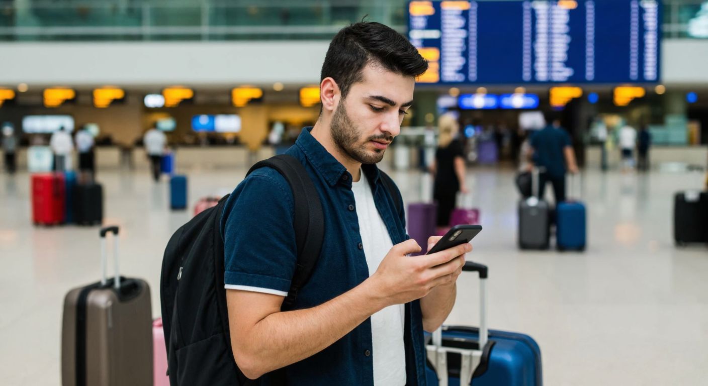 A Turkish traveler in a bustling airport holding a phone with a focused expression, surrounded by suitcases and a departure board in the background.