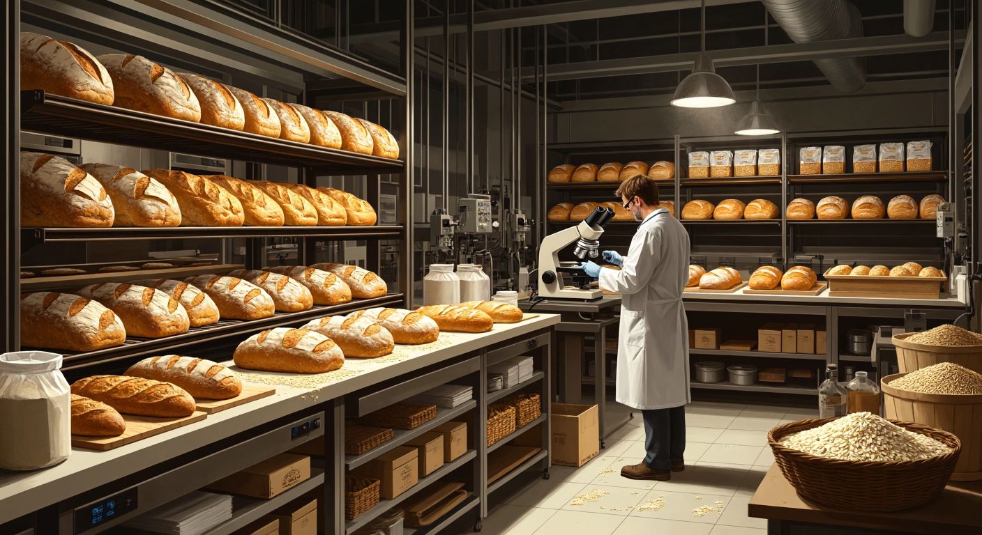 A bustling bakery with golden loaves of bread rising in ovens, surrounded by fresh ingredients like yeast packets and grains, while a scientist in a lab coat examines fermentation cultures under a microscope.