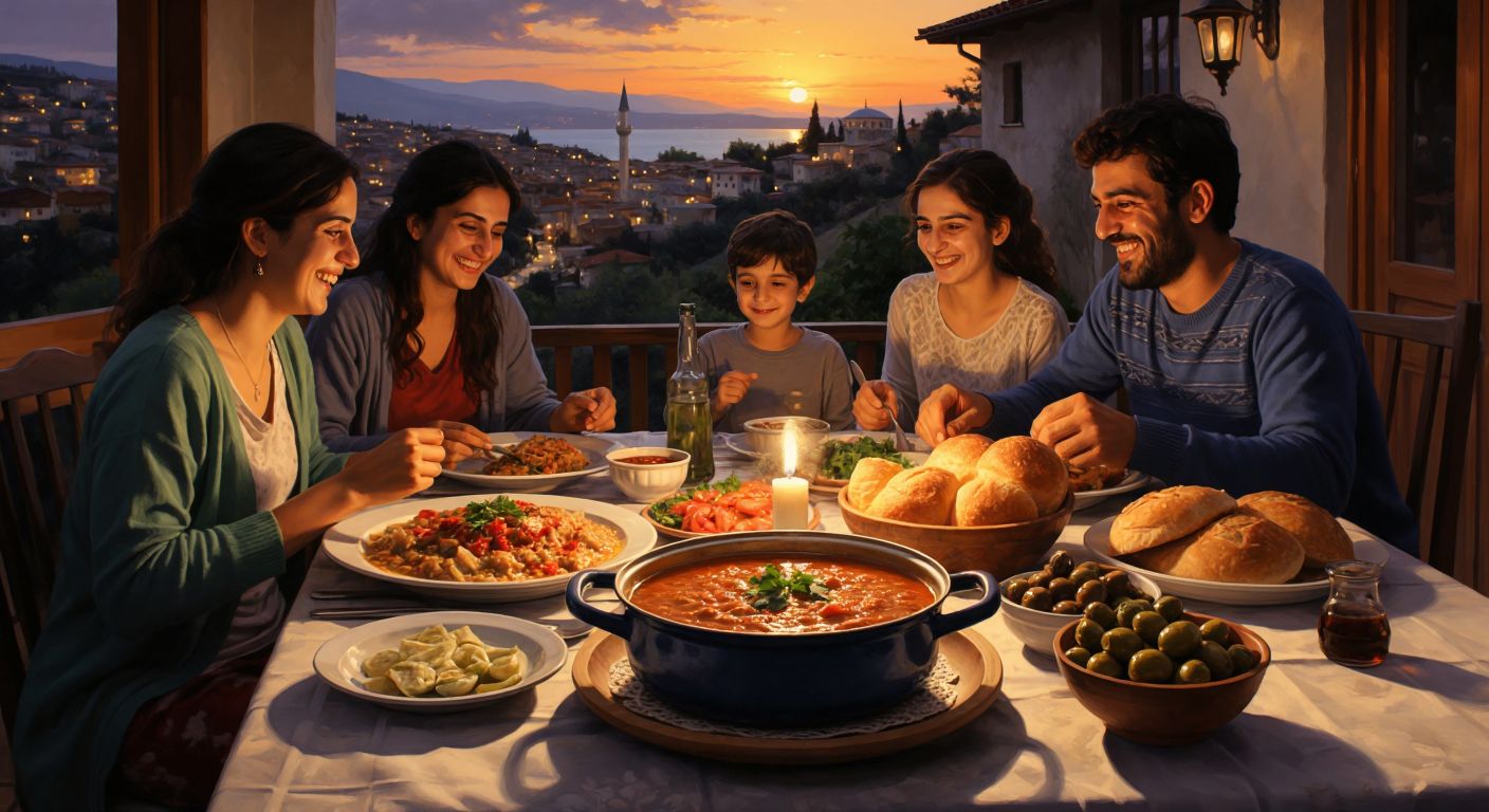 A warm Turkish dining table at dusk, set with a steaming bowl of lentil soup, fresh bread, and olives, surrounded by smiling family members in a cozy home setting.