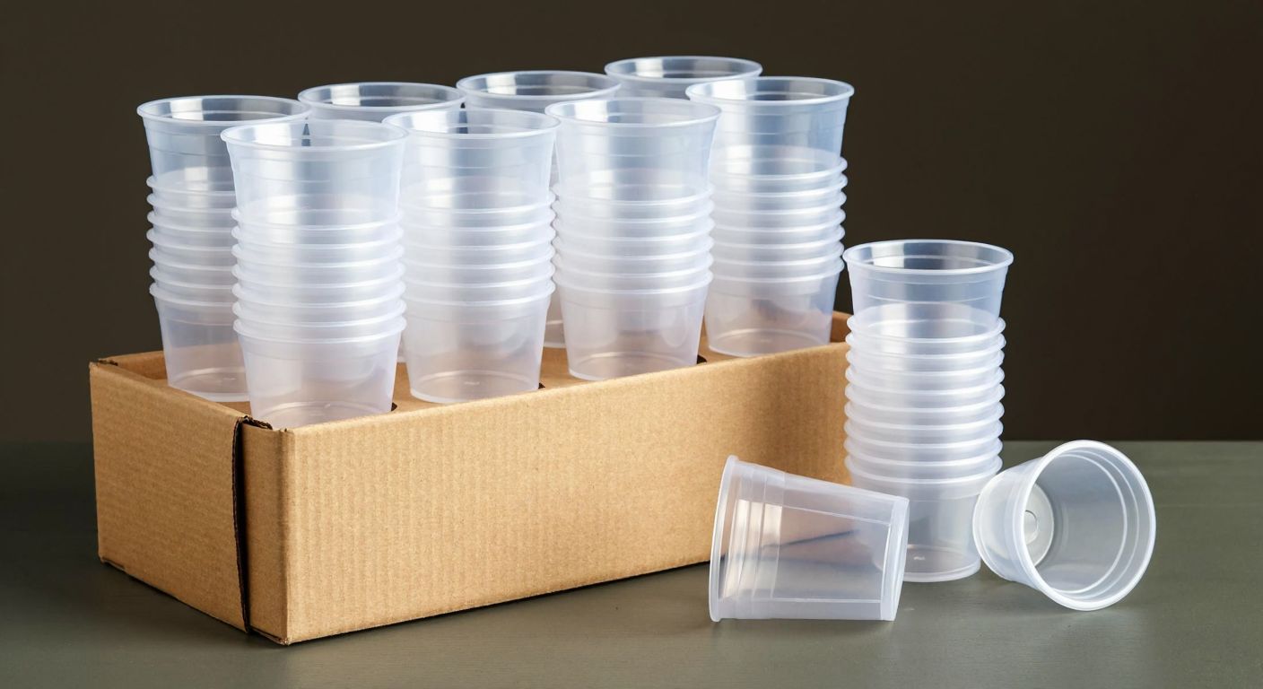 A stack of sixty small, clear plastic water cups neatly arranged in a cardboard box, with a few scattered cups nearby to show their size and transparency.