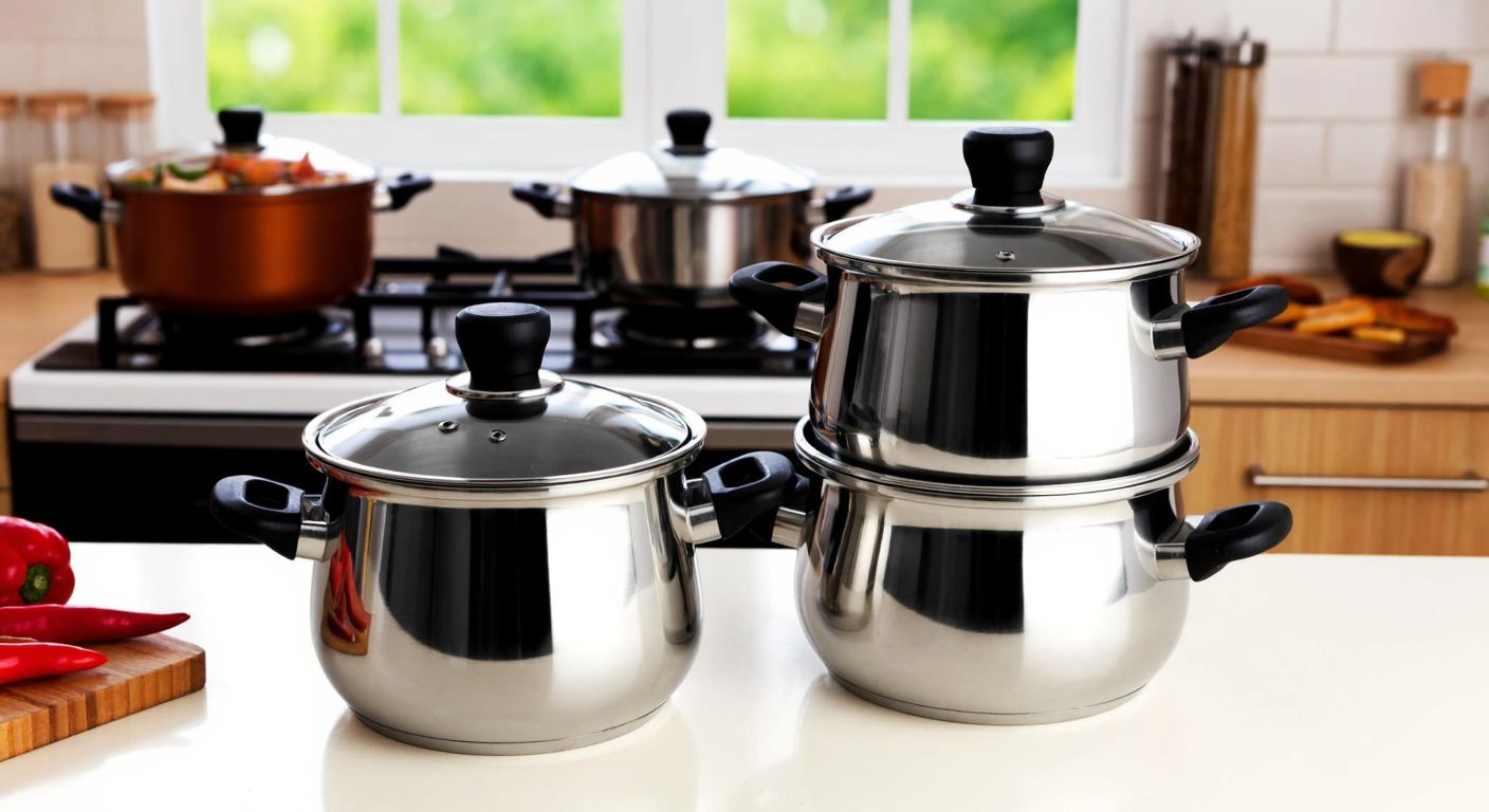 A stainless steel pressure cooker set with two pots (one slightly larger than the other) placed on a kitchen counter in a sunlit Turkish home, with a pot of simmering stew in the background.
