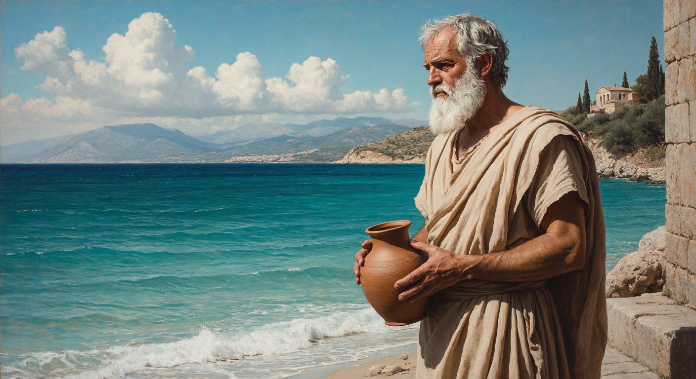 An elderly Greek philosopher with a long white beard, draped in a simple tunic, stands pensively by the shore of a turquoise Aegean sea, holding a clay water jug while gazing at the horizon.