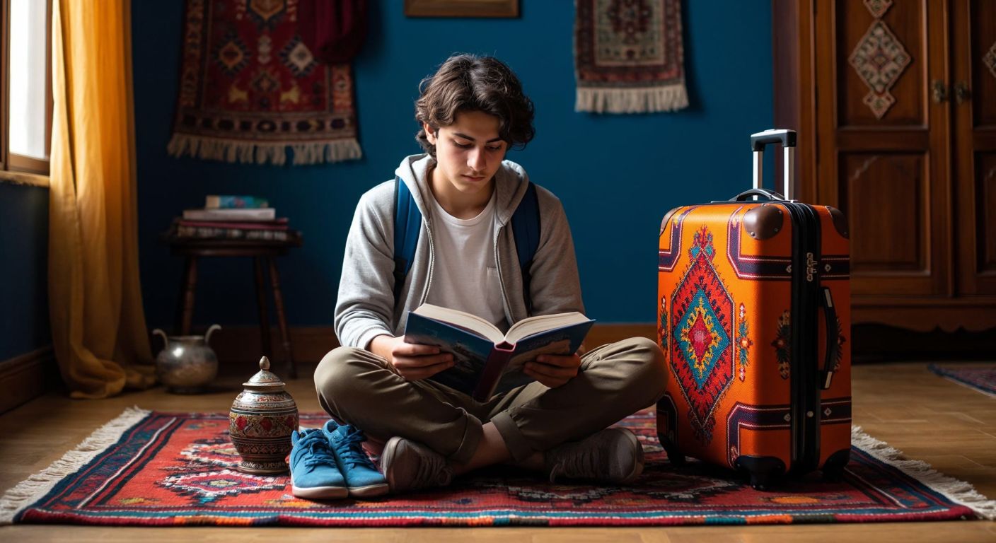 A young Turkish person sitting cross-legged on a colorful kilim, deeply engrossed in a book while a vibrant suitcase packed with travel essentials rests beside them, symbolizing the balance between reading and exploring.
