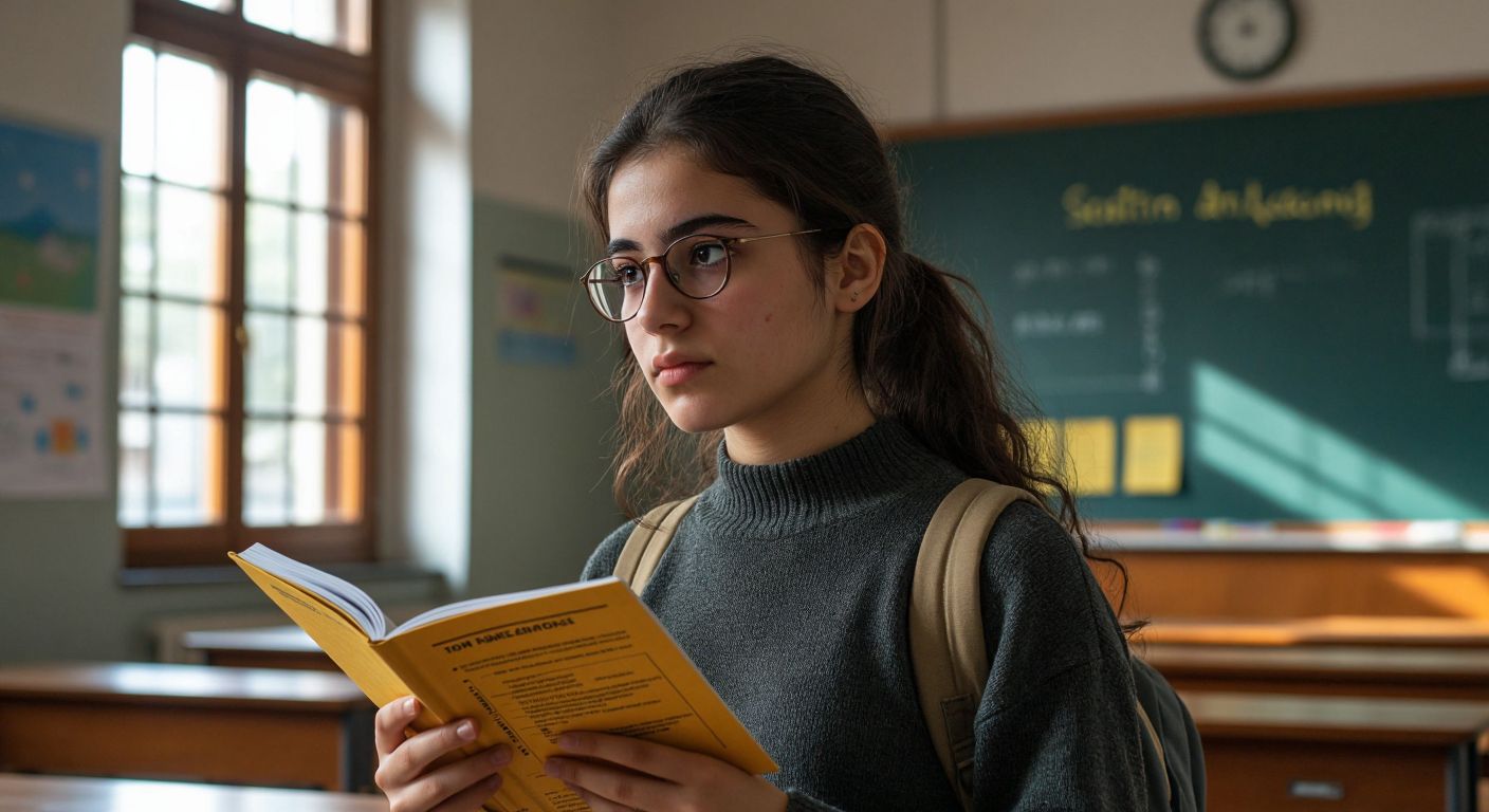 A focused Turkish high school student in a classroom, holding a chemistry textbook and a pencil, looking thoughtfully at a test paper with both multiple-choice and open-ended questions.
