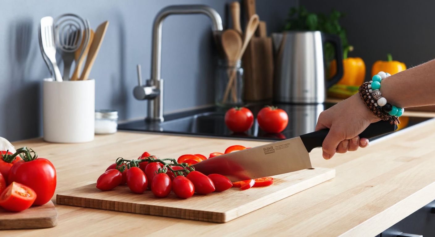 A well-lit Turkish kitchen with a wooden countertop, where a sharp stainless steel IKEA VÖRDA knife slices through fresh red peppers and ripe tomatoes, its ergonomic handle gripped by a hand with a traditional woven bracelet.