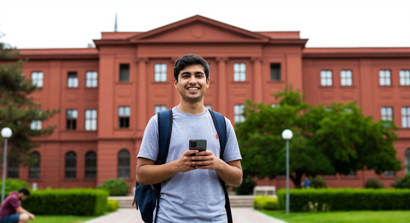 A young student with a backpack stands confidently in front of Gazi University's iconic red-brick building, holding a smartphone while smiling with relief.