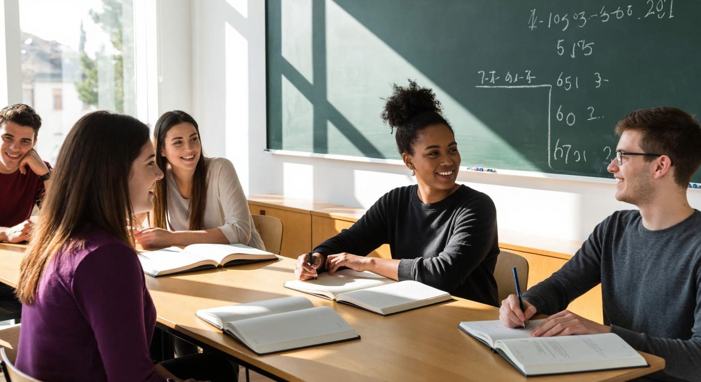 A group of diverse university students in İTÜ’s campus, sitting in a sunlit classroom with open notebooks, smiling as they discuss mathematical equations on a chalkboard.