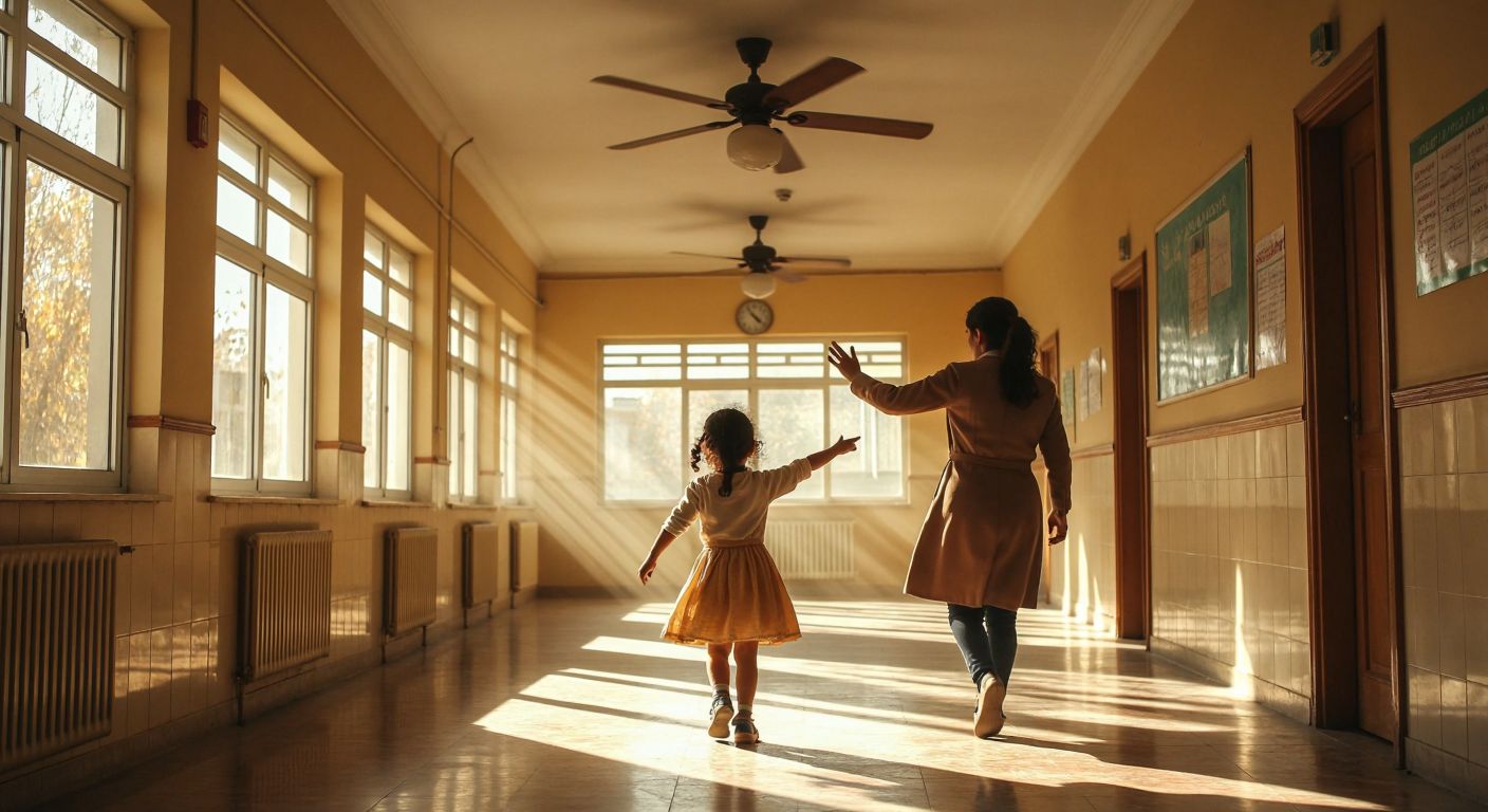 A cautious child in a Turkish school hallway stepping back from a spinning ceiling fan, with a teacher gesturing to stay away, while sunlight streams through nearby windows.