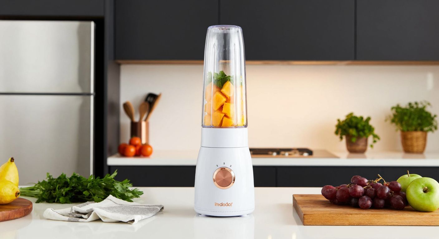 A sleek white and copper mini blender with four sharp blades sits on a clean kitchen counter, surrounded by fresh fruits and herbs.