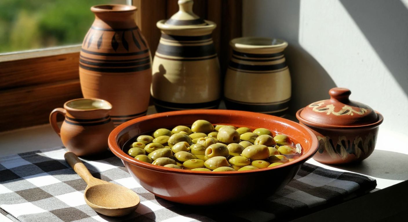 A sunlit Turkish kitchen with a bowl of fresh green olives soaking in a clear solution, surrounded by traditional ceramic jars and a wooden spoon resting on a checkered cloth.