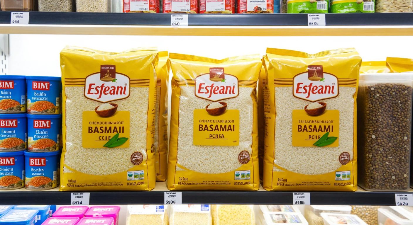 A bright, neatly stacked shelf in a Bim supermarket aisle, featuring several 1 kg bags of Efsane-branded basmati rice with golden-yellow packaging, surrounded by other pantry staples like lentils and spices.