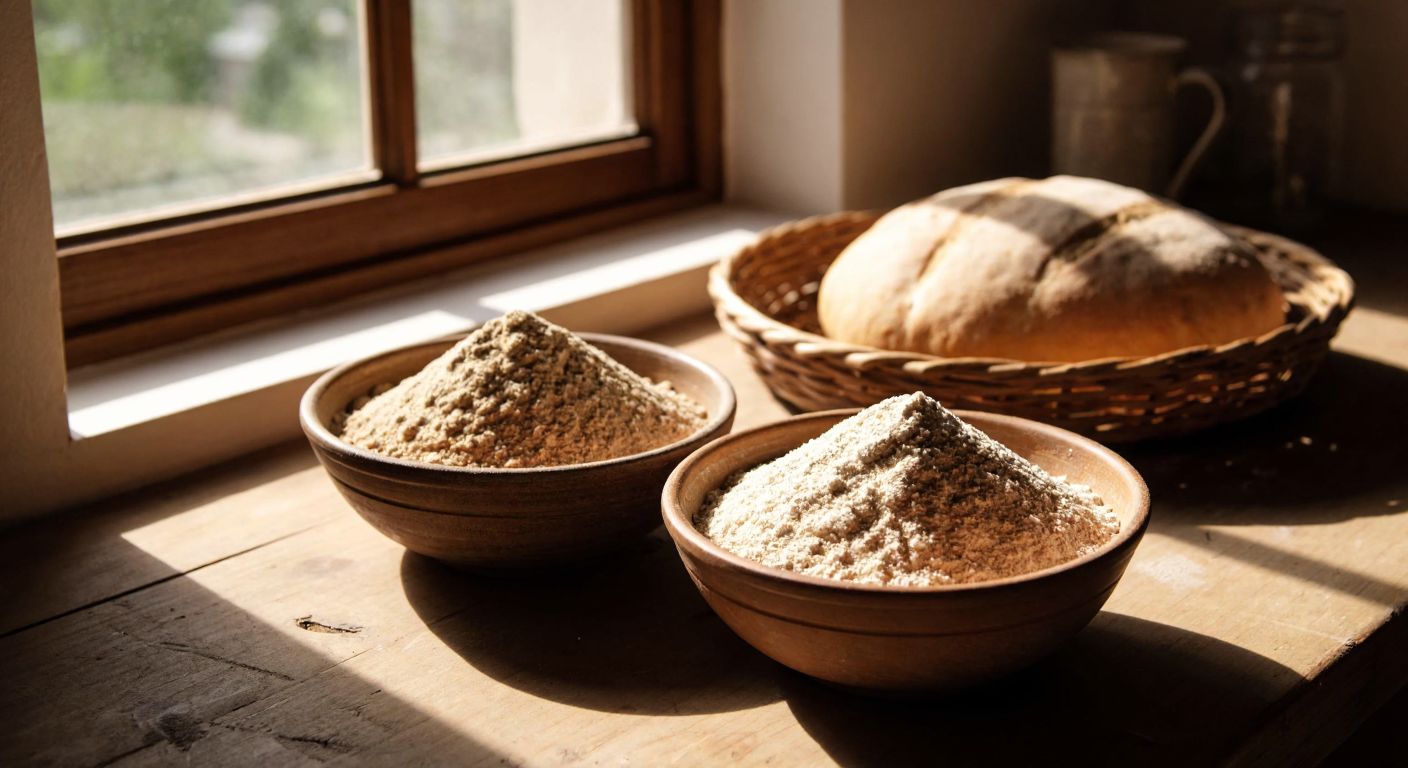 A rustic wooden table in a Turkish kitchen holds two small bowls—one filled with coarse brown flour (esmer un) and the other with finely ground whole wheat flour (tam buğday unu), sunlight streaming through a window onto a woven bread basket nearby.