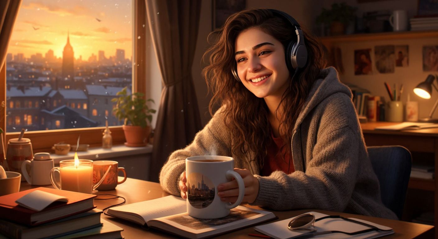 A smiling young Turkish student in a cozy dorm room, surrounded by thoughtful gifts: a steaming cup of tea in a city-themed mug, a warm knitted blanket, a framed family photo, and a pair of headphones resting on a notebook.