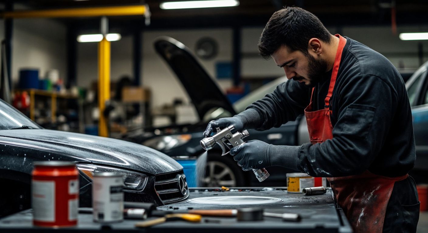 A focused Turkish auto repair worker in a dimly lit garage carefully sprays primer onto a car panel using a sleek metallic spray gun, surrounded by scattered paint cans and tools.