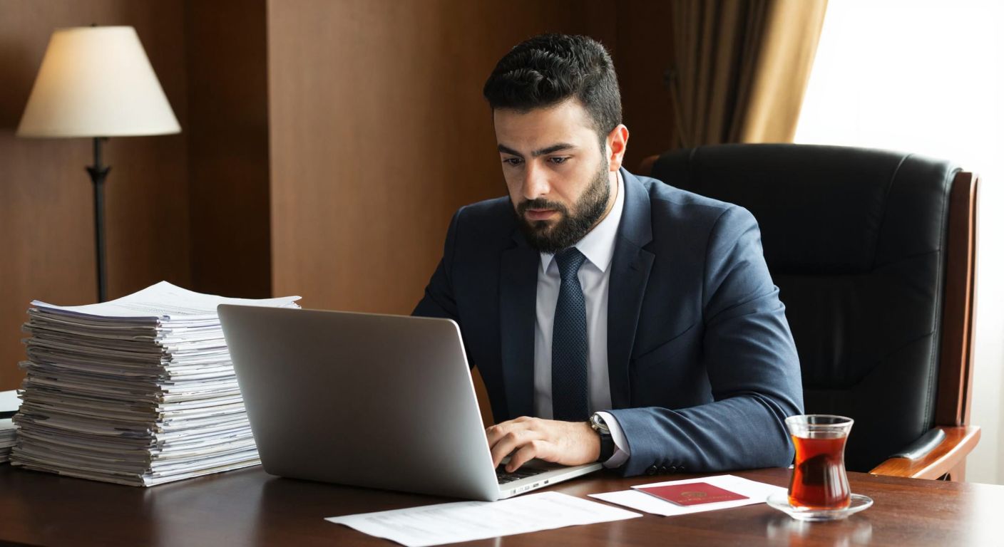 A determined Turkish businessperson in a formal suit sits at a wooden desk with a laptop open, surrounded by neatly stacked documents, a T.C. kimlik kartı, and a steaming cup of Turkish tea, while confidently filling out an online form with focused determination.