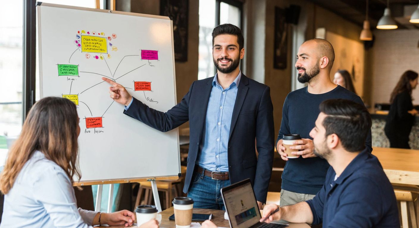 A young Turkish entrepreneur in a modern Istanbul café, confidently pointing at a colorful mind map on a whiteboard, surrounded by eager colleagues holding coffee cups, with a laptop displaying social media graphs in the background.