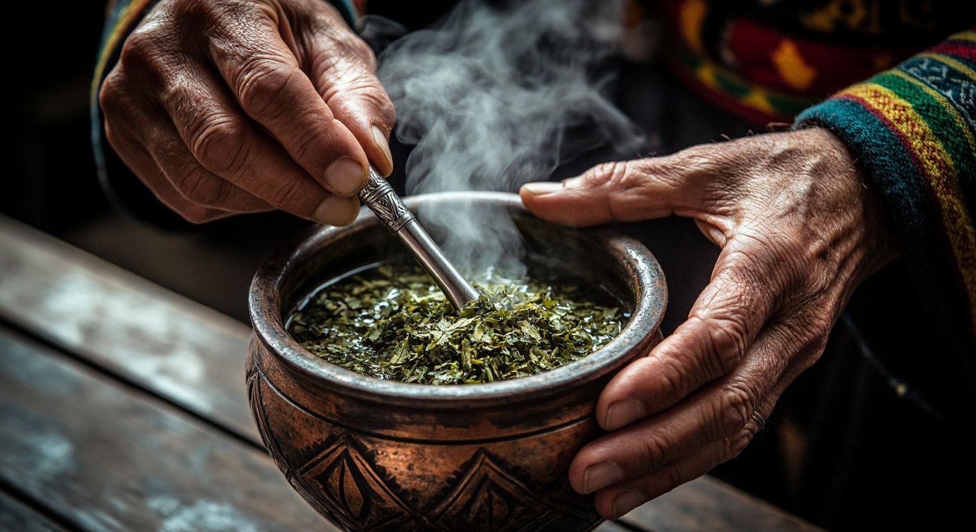 A close-up of weathered hands carefully placing a silver bombilla into a rustic gourd filled with green yerba mate leaves, with steam rising from warm water poured into the vessel, evoking a quiet, ritualistic preparation.
