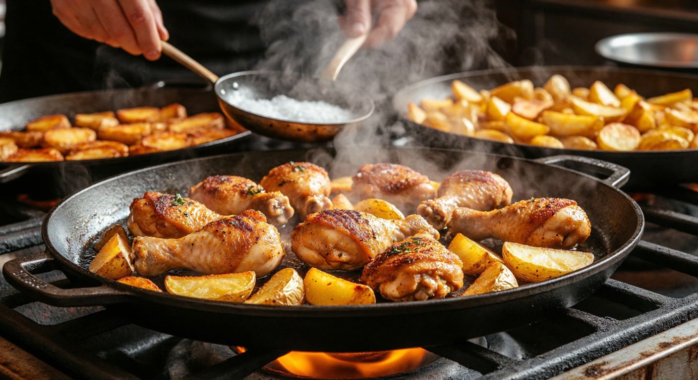 A sizzling cast-iron pan with golden-brown chicken pieces frying first, followed by crispy potato slices, set on a rustic stovetop in a Turkish kitchen, steam rising as the cook's hand sprinkles salt.