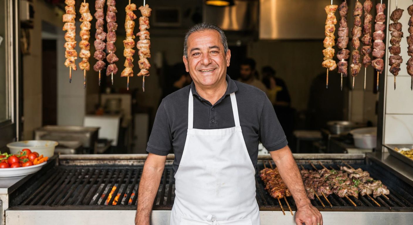 A middle-aged man with a warm smile, wearing a traditional white apron, stands proudly in front of a bustling kebab restaurant in Turkey, with skewers of sizzling meat on the grill behind him.