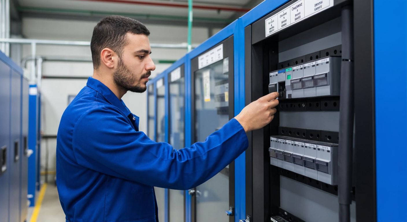 A Turkish electrician in a blue work uniform carefully examines a sleek, modern electrical relay panel with various labeled components in a well-lit industrial workshop.