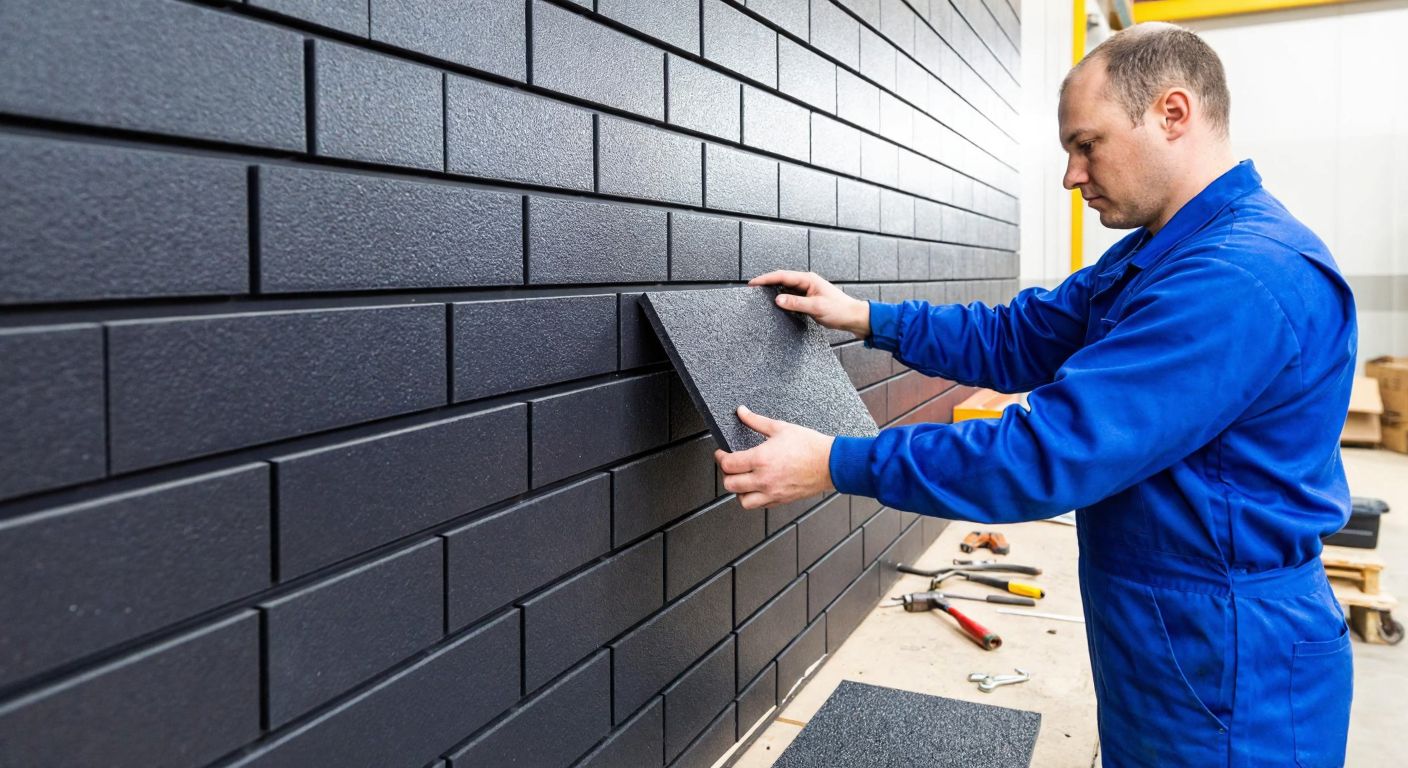 A worker in a blue jumpsuit carefully installing dark, textured rubber panels on an industrial wall, with tools scattered nearby and a focused expression.