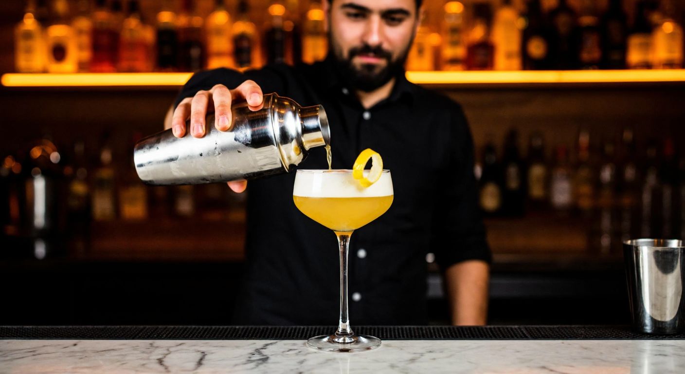 A bartender in a dimly lit Istanbul cocktail bar vigorously shakes a stainless steel shaker with one hand, while a glass of frothy, golden-hued cocktail sits ready on the marble counter, garnished with a twist of lemon peel.