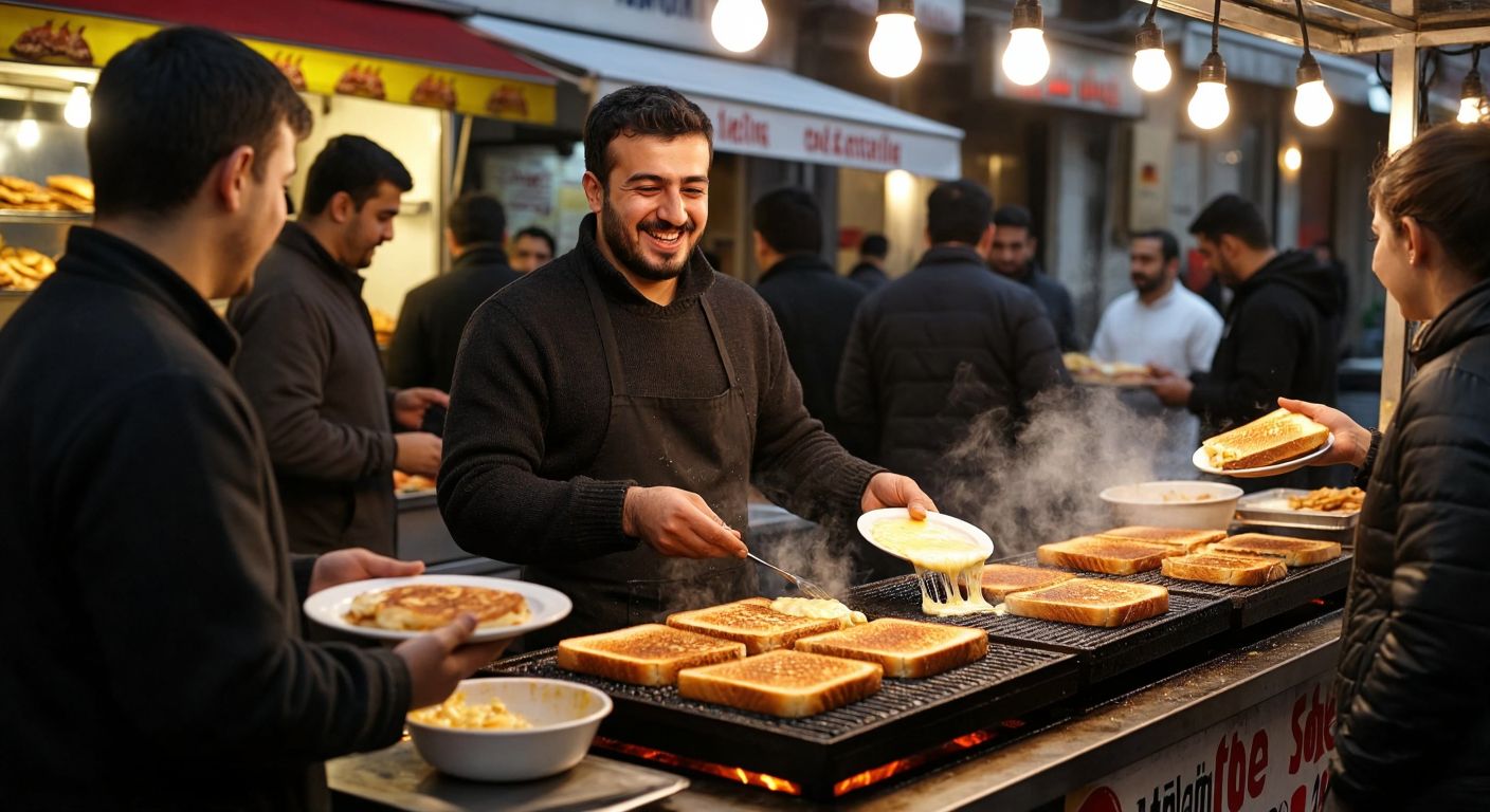 A bustling Turkish street food stall with a sizzling double tost on a grill, surrounded by eager customers holding plates, the vendor smiling as melted cheese drips from the toasted bread.
