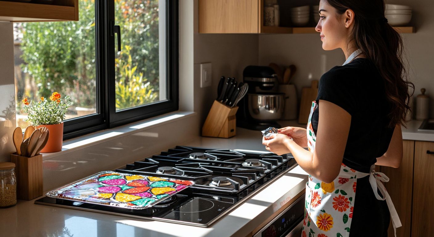 A modern Turkish kitchen with a sleek glass stove protector reflecting sunlight next to a colorful, patterned foil protector crumpled on the counter, while a woman in an apron compares them thoughtfully.