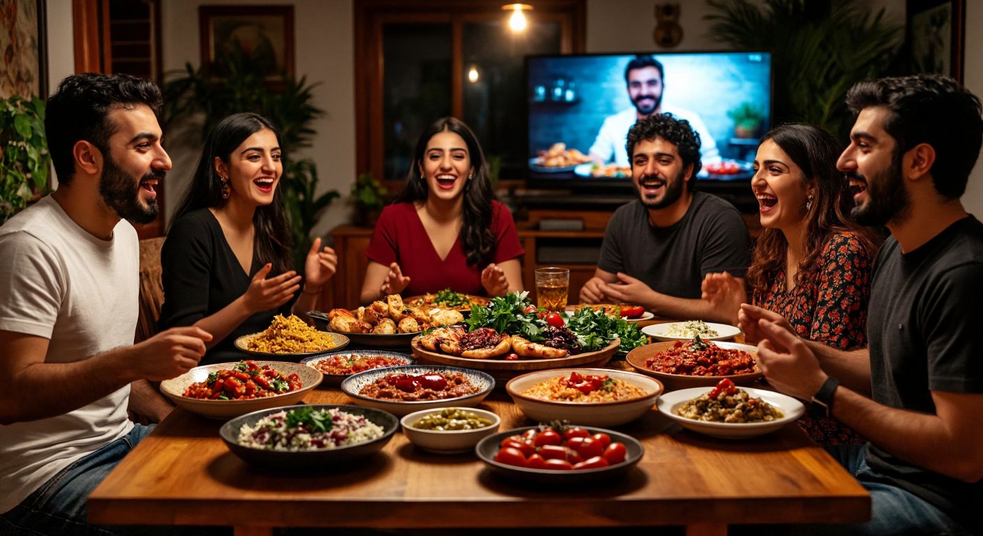 A lively Turkish dining table with colorful meze dishes, surrounded by excited people watching a paused cooking show on TV, their faces lit with anticipation and curiosity.