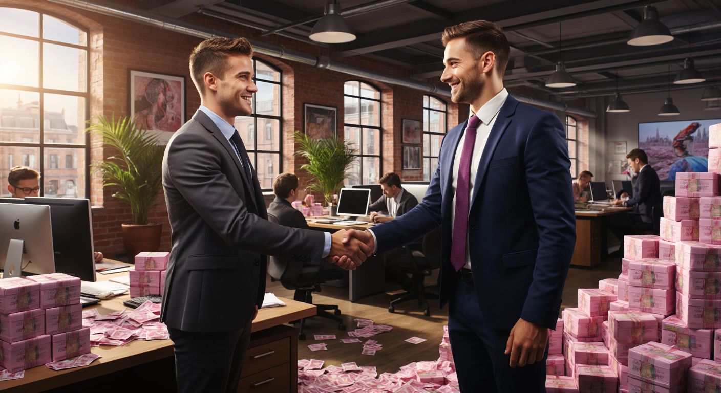 A well-dressed British investor in a modern office shakes hands with a young entrepreneur, surrounded by stacks of British pound notes and a small-scale startup team working at desks in the background.