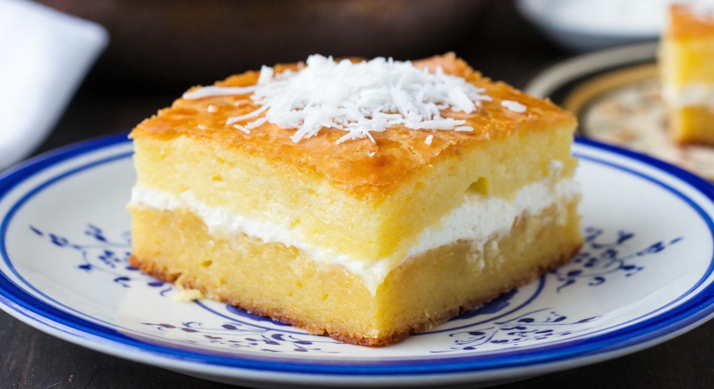 A golden-brown Cypriot dessert with layers of moist cake, creamy filling, and a generous sprinkle of shredded coconut, resting on a traditional Turkish ceramic plate.