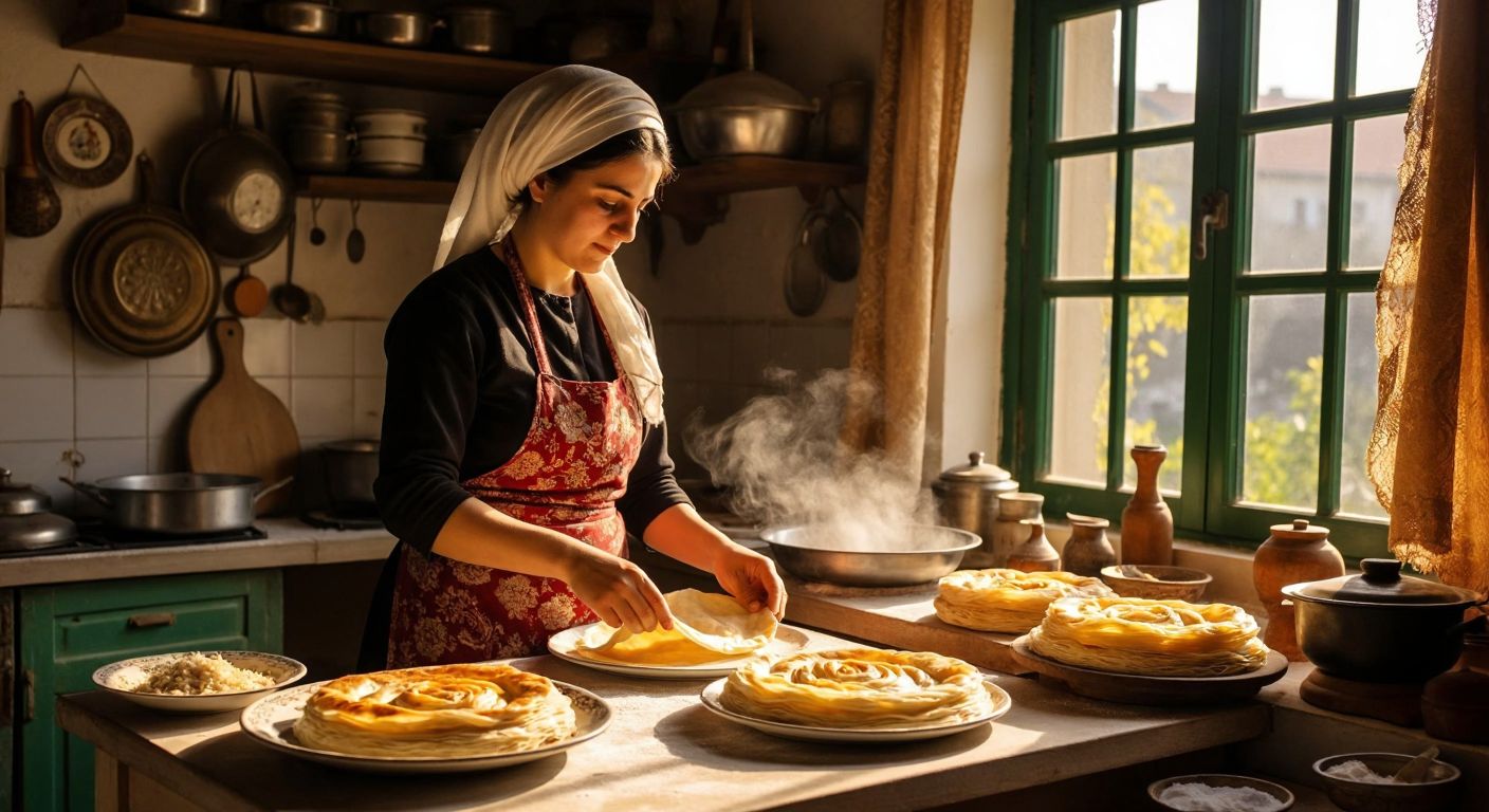 A warm, sunlit kitchen in Karabük, where a woman in traditional Turkish attire rolls out thin sheets of golden yufka dough, surrounded by plates of çullu börek and safranbolu bükmesi, evoking a sense of pride and culinary tradition.